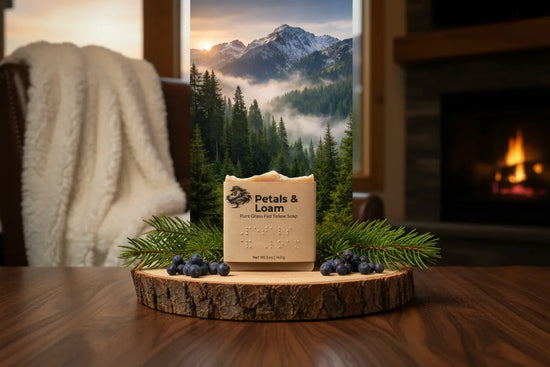 Petals & Loam - Ski Lodge Interior, soap nestled on a pine tray by a crackling ski lodge fire, cashmere throw close by.