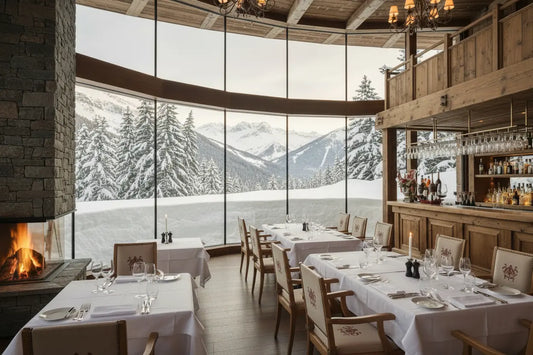 Petals & Loam — Verbier Chalet Lunch snow banked high beyond linen-draped tables, majestic Alps framed in plate glass.
