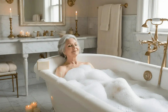 Syrena - Pure Traditional Plain tallow soap being used by a beautiful elderly woman soaking in a bubbles