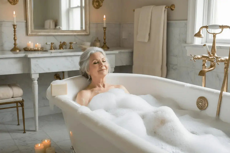 Syrena - Pure Traditional Plain tallow soap being used by a beautiful elderly woman soaking in a bubbles