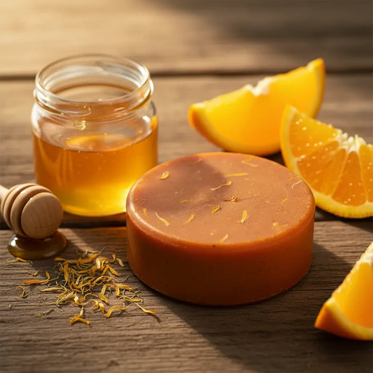 Sovereign Gold Shampoo Bar — Blind Pirate Trading Co. Rustic Wood Clean orange slices and honey glowing in the sun along with a Full Measure sized round shampoo bar.