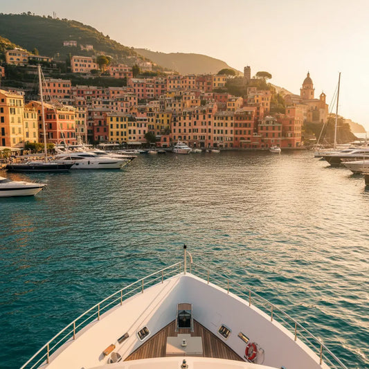 Driftwood & Stone— Portofino Arrival by yacht.  warm sun warms the buildings and yachts docked around the harbour