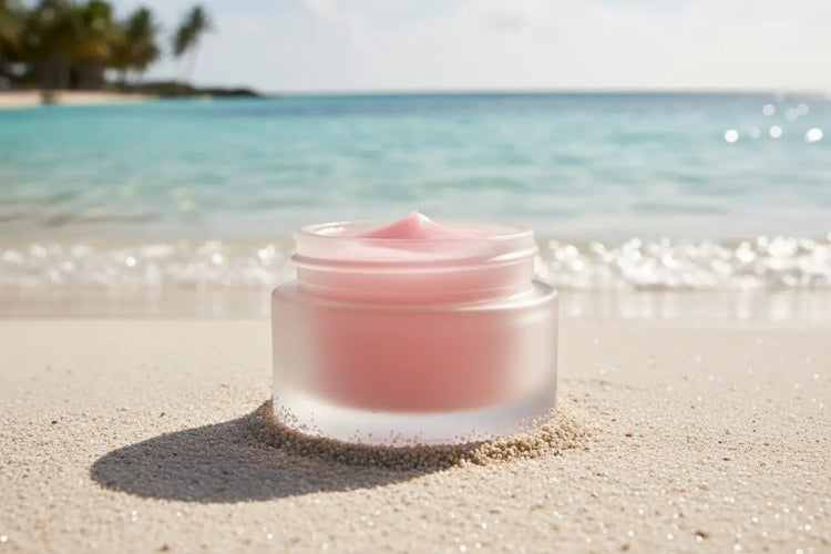 Ditch Kit rose tinted lip balm by Blind Pirate Trading Co. resting on white sand with crystal clear Caribbean turquoise water in the background.