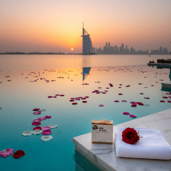 Silk & Salt — Dubai Infinity Pool Silk & Salt bar on the edge, golden light glowing warmly, Dubai's glittering skyline rising beyond.