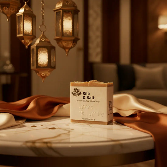 Silk & Salt — bar rests on a table, rich silk fabric draped luxuriously behind, soft light catching every fold.