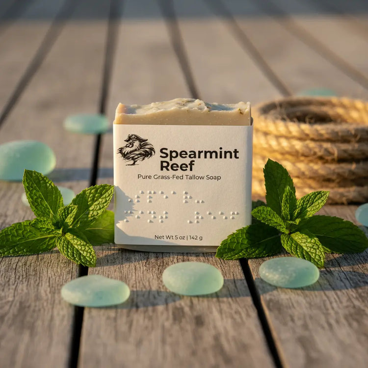 Spearmint Reef Front Label with braille label on a teak deck with blue sea glass and sprigs of spearmint.