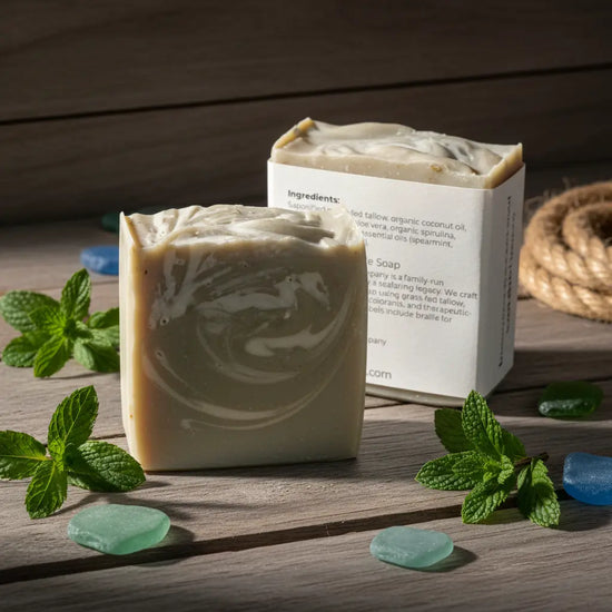 Spearmint Reef Label + Soap Detail Unwrapped and eco-wrapped Spearmint Reef tallow soap bars resting side by side on a luxury yacht.