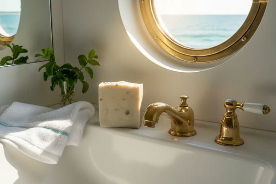 Spearmint Reef tallow soap bar beside a single-handle tap in a ship's state  room, sparkling ocean through a brass porthole beyond.