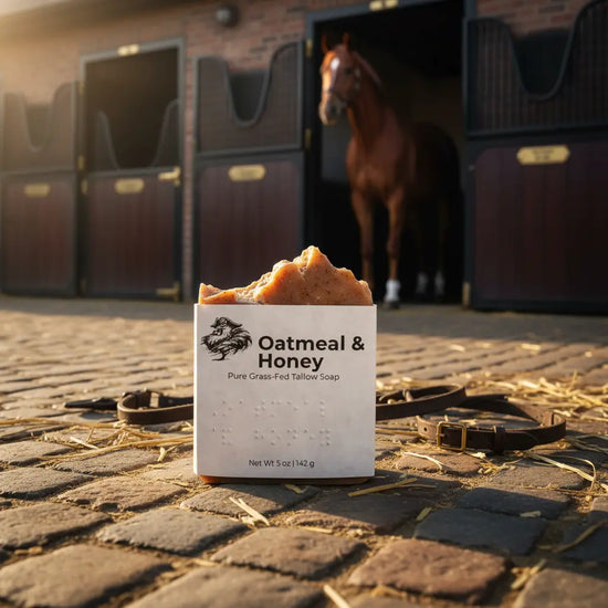 Oatmeal & Honey Certified Grass-Fed Tallow Soap bar in a stable yard with a horse, Blind Pirate Trading Co.