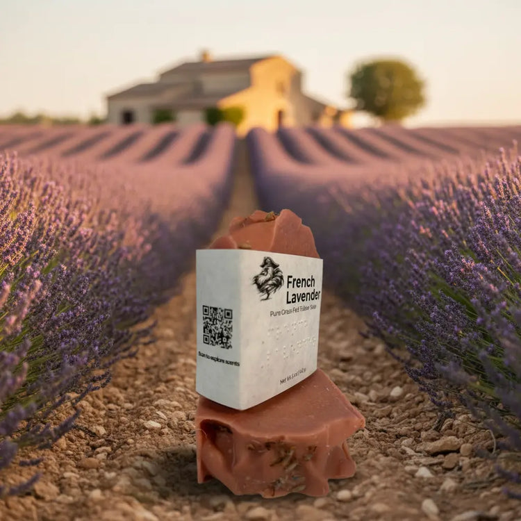 Two Lavender & Oats bars stacked on a gravel path, QR code panel facing out, lavender rows leading to a Provence farmhouse.