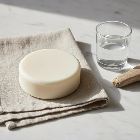 Still Water round ivory tallow bar on white marble with linen cloth and glass vessel — Blind Pirate Trading Co.
