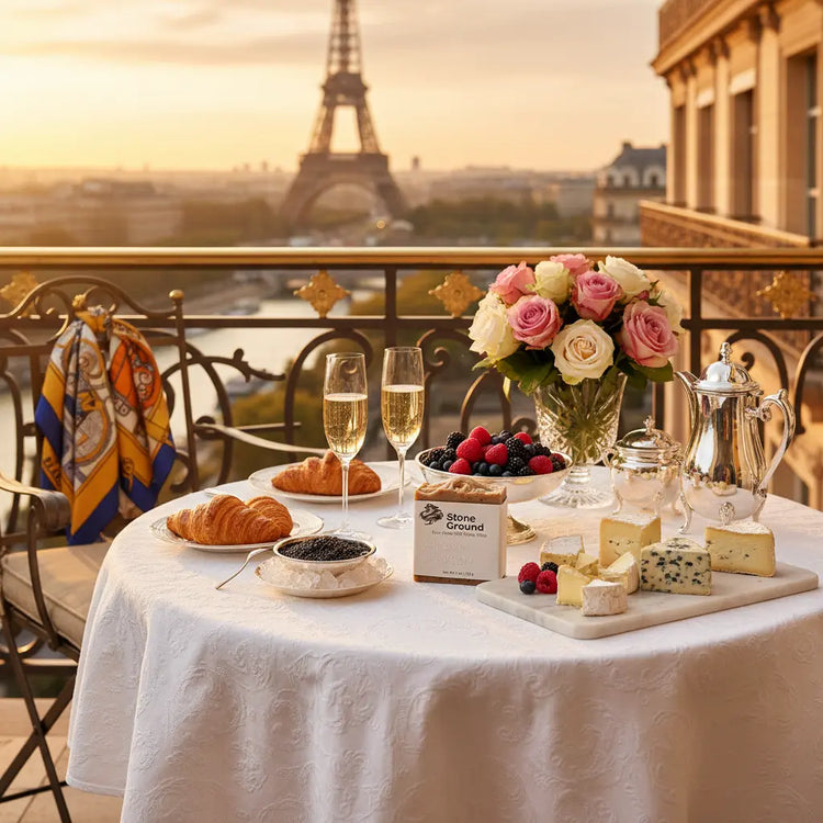 Early morning over Paris from a luxury hotel balcony, the Eiffel Tower glowing warmly — the refined world of Blind Pirate Trading Co.