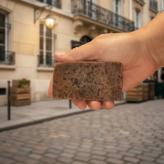 Stone Ground Ballast Cut soap bar with dark botanicals, set against a warm Parisian stone wall background.