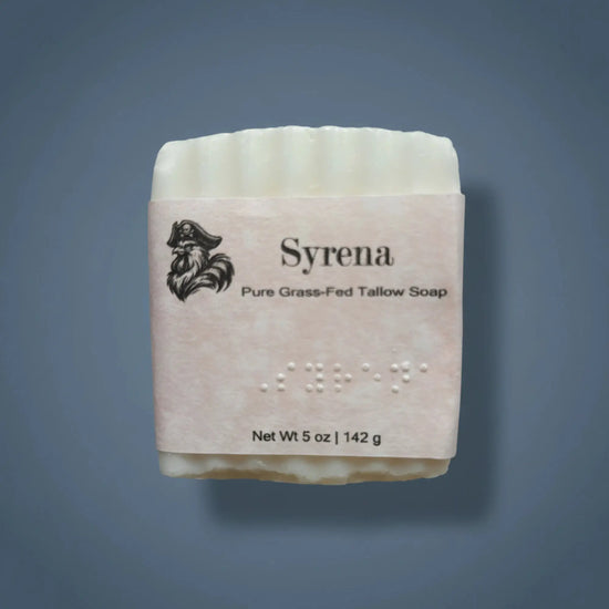 Syrena | Grass Fed Tallow Soap — Blind Pirate Trading Co., with full label and braille on the front of the label.