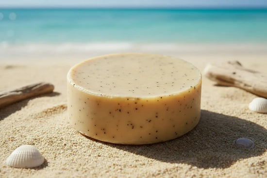 Beach Rain | Grass Fed Tallow | Shampoo Bar Blind Pirate Trading Co. full passage round bar on the beach near the ocean.