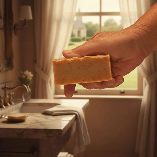 Oatmeal & Honey — Ballast Cut Bar, Estate Bathroom in the warm sunlight. Ballast bars come unlabeled