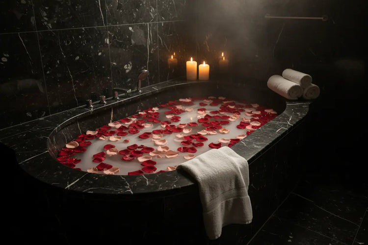 Velvet Rose | Dark marble luxury milky rose-infused bath in a black marble luxury tub, blush petals floating, soft steam rising.