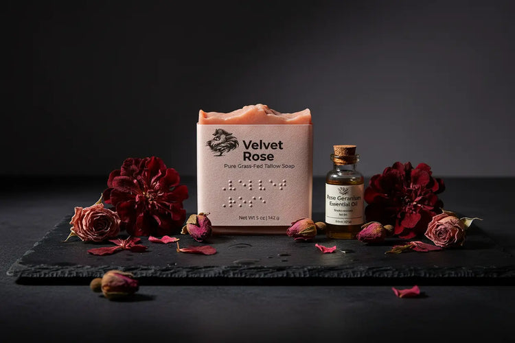 Velvet Rose on Black Slate dusky rose petals scattered close, a Geranium & Rose essential oil bottle alongside.