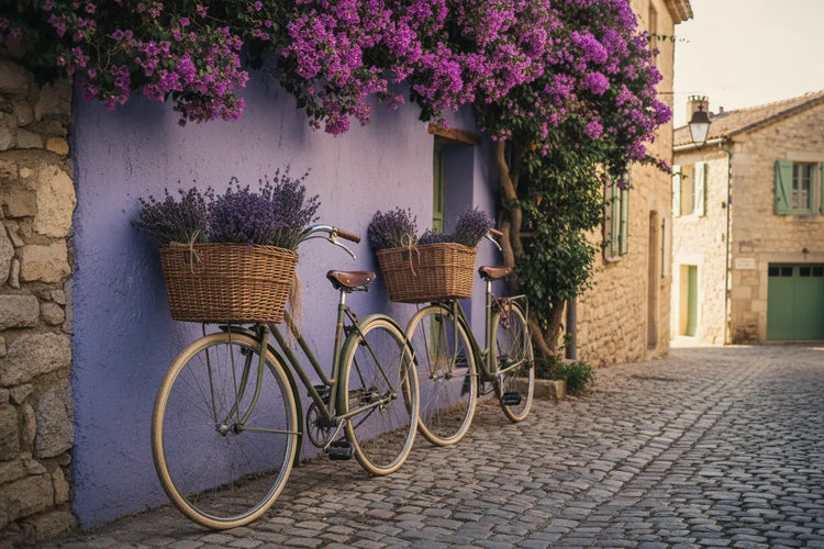Vintage Bicycles A sun-warmed cobblestone street, lavender cascading down a stone wall, bicycles leaned close with lavender sprigs in basket.
