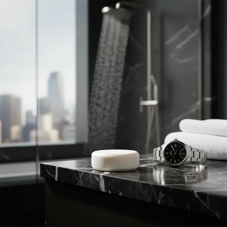 Still Water ivory bar on dark marble countertop beside a luxury watch — Blind Pirate Trading Co.